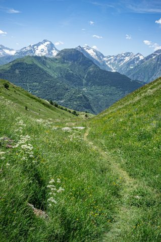 Vue sur Pied-Moutet, sentier entre le col de Cluy et le hameau de Cluy